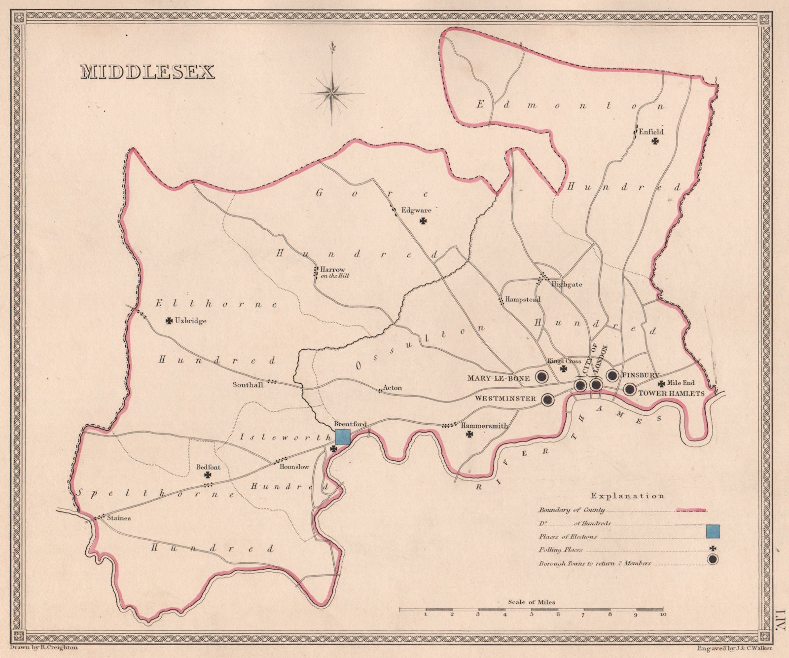 MIDDLESEX antique county map by CREIGHTON/WALKER. Electoral 1835 old